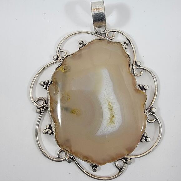 Handmade Sterling Silver Pendant Natural Agate Slice in Organic Stone Setting - Picture 1 of 10